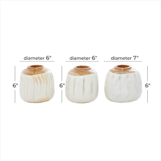 Set of 3 White Teak Wood Coastal Style Vase 6", 7"